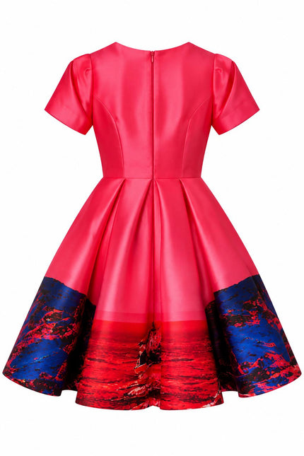 Deep V-Neck Flared Dress – Red Pink Landscape