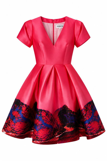 Deep V-Neck Flared Dress – Red Pink Landscape