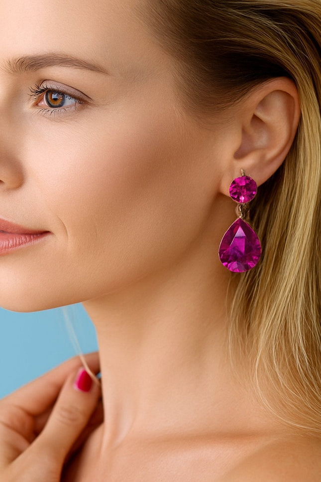 Michael Nash Jewelry | Patrice Large Pear-Faceted Fuschia Drop Clip On Earrings In Brass With Gold Plating
