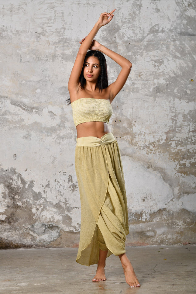 Step into timeless boho chic with our Powder Lemon Boho high split skirt trousers. Crafted from organic materials, this sexy summer boho yoga pants , eco-conscious fashion for the modern goddess.