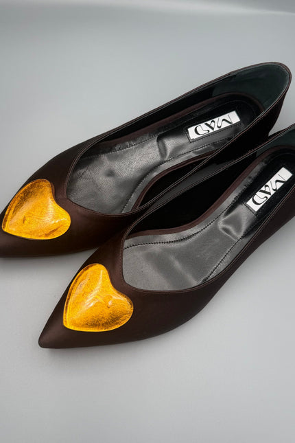 GEORGIA Ballerina Dark Chocolate Satin Gold Glass Hearts1