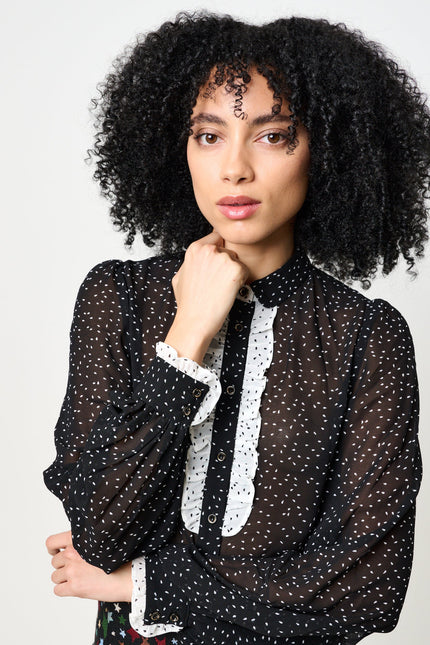 Gisla Raindrop Contrast Frill Long Sleeve Blouse - Black - Front