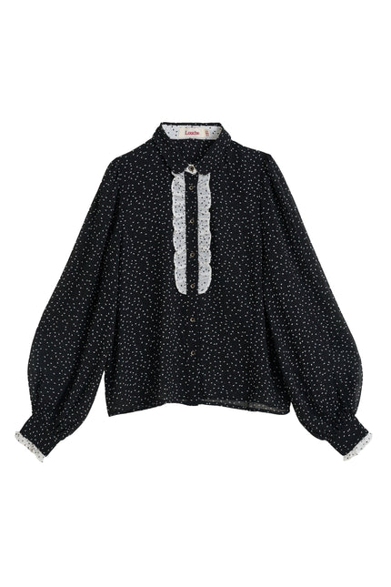 Gisla Raindrop Contrast Frill Long Sleeve Blouse - Black - Styled