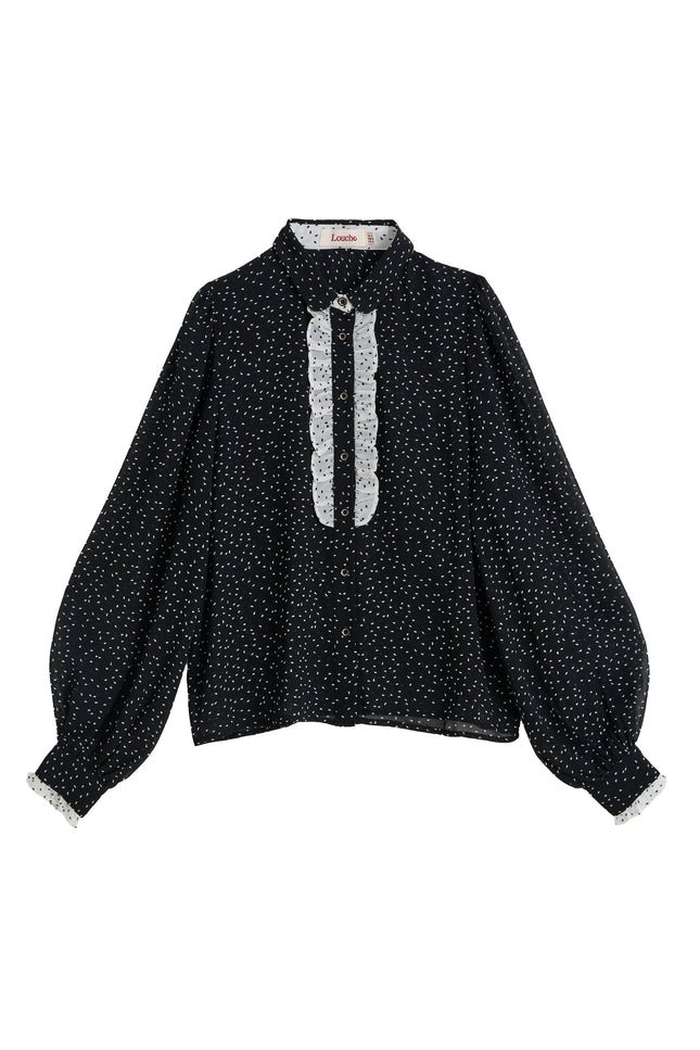 Gisla Raindrop Contrast Frill Long Sleeve Blouse - Black - Styled