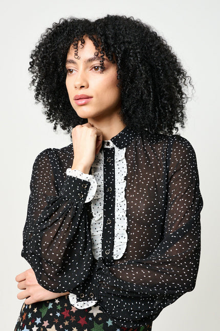 Gisla Raindrop Contrast Frill Long Sleeve Blouse - Black - Detail 2