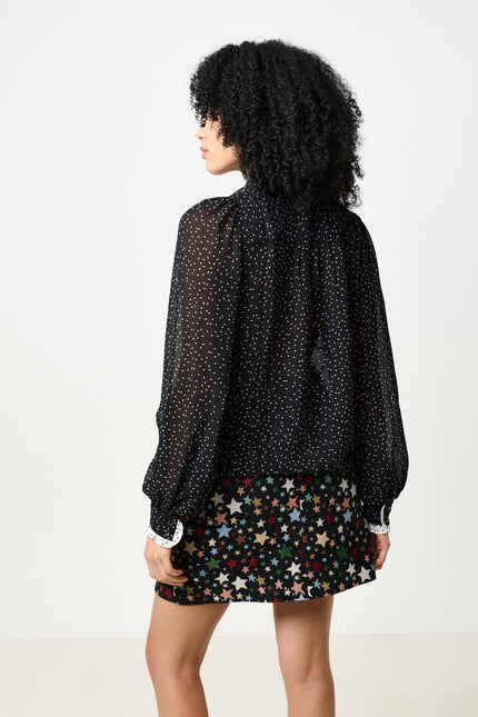 Gisla Raindrop Contrast Frill Long Sleeve Blouse - Black - Back