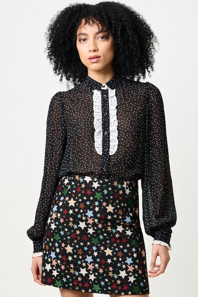 Gisla Raindrop Contrast Frill Long Sleeve Blouse - Black - Detail 1