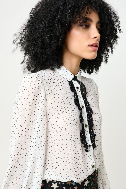 Gisla Raindrop Contrast Frill Long Sleeve Blouse - White - Front