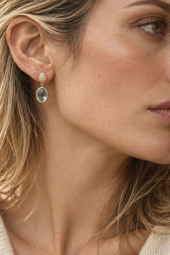 Giselle Vale | Scintilla Pavé Gemstone Drop Earrings Blue Topaz, Cubic zirconia