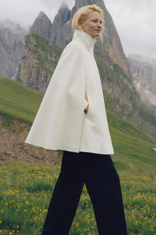 Person wearing a white cape and black pants standing in a mountainous landscape with green grass and yellow flowers.