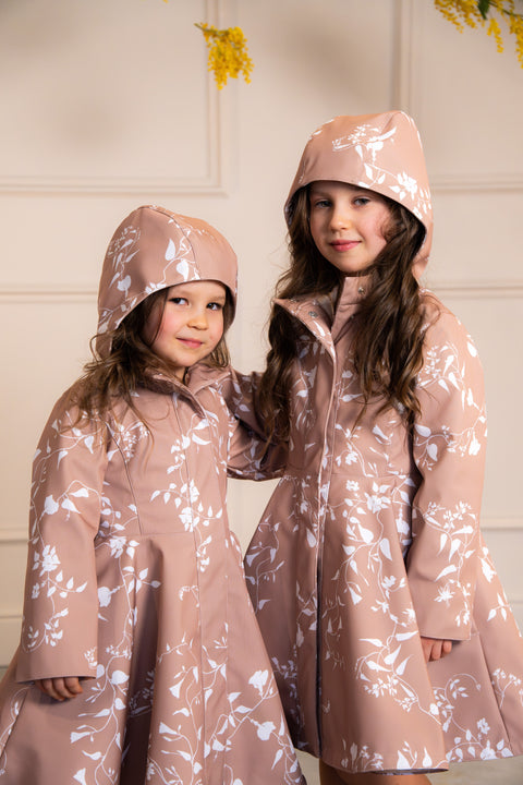 RainSisters | Fitted and Flared Coat for Girls in Pink-Beige with White Floral Print 'Rose Blush'