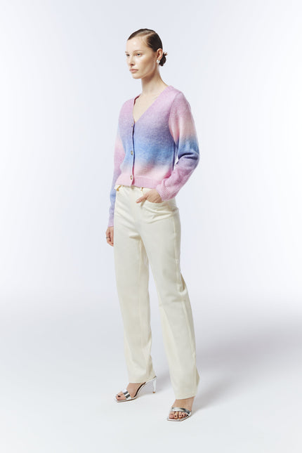 Sour Figs luxury space-dyed knit cardigan styled with cream trousers
