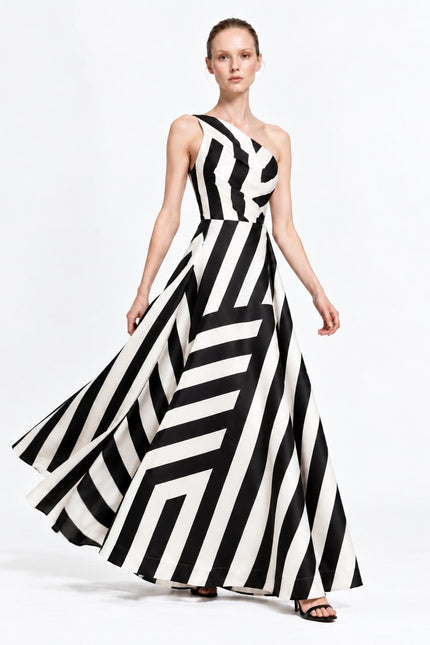 One Shoulder Statement Gown – Black & White