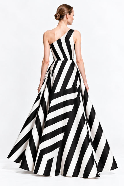 One Shoulder Statement Gown – Black & White