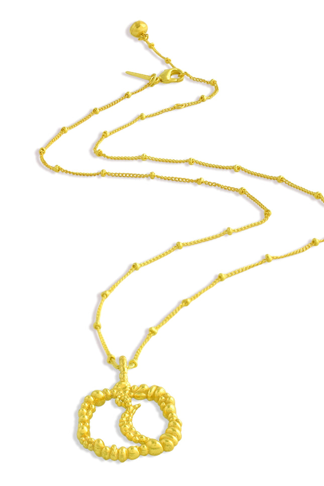 Gold necklace with a moon shaped Granulated pendant on a white background