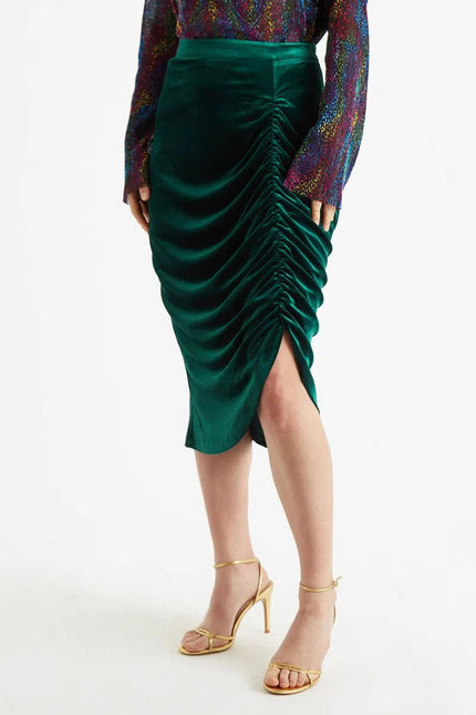Louche Helka Velvet Ruched Mini Skirt Green - Back