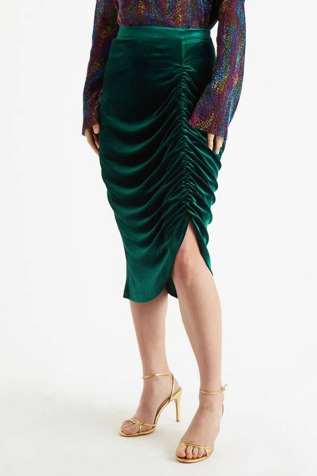 Louche Helka Velvet Ruched Mini Skirt Green - Back