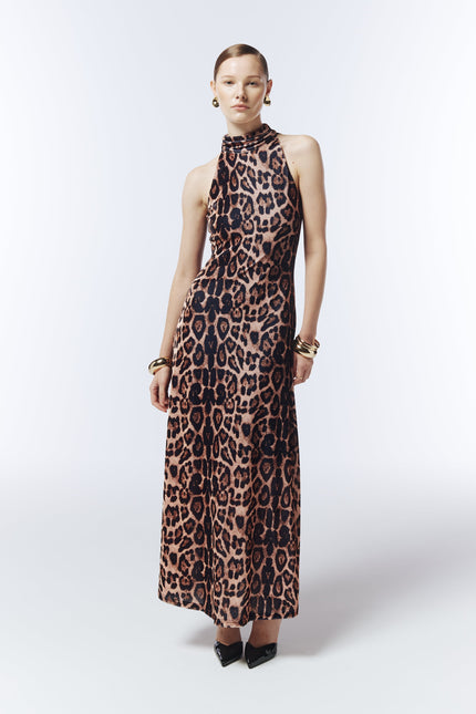Sour Figs halterneck leopard velvet maxi dress in warm caramel brown front view