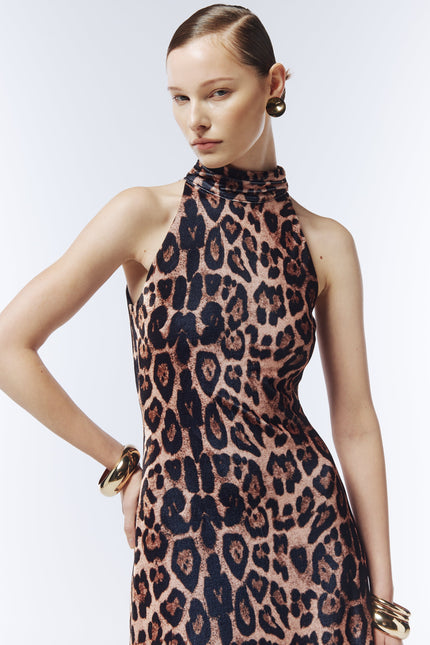 Sour Figs warm caramel brown velvet leopard dress close up