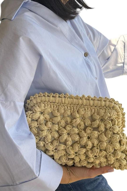 Handmade Floral Motif Raffia Clutch – Cream Bloom Edition
