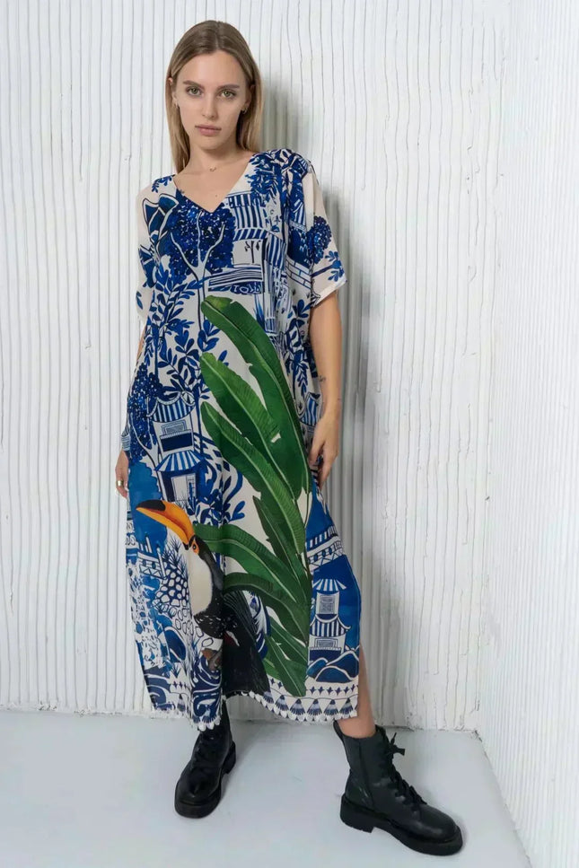 Harmony Bird Print Long Kaftan Dress