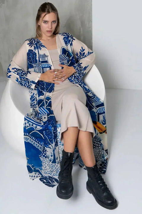 Harmony Bird Print Long Kimono Dress