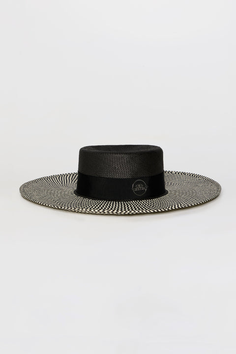 GIODORO | Kapelusz Ixonio Czarny Kanotier z Czarno-Białym Rondem