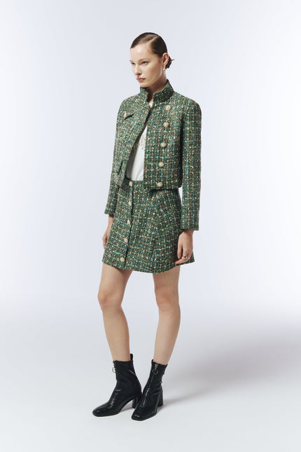 SOUR FIGS fashion look in co-ord set with Cropped High-Neck Tweed Jacket and matching skirt — elevated Parisian-inspired look for AW25 FW25 womenswear.