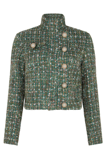 Close-up of SOUR FIGS emerald mélange tweed jacket showing pearl button detailing and multi-tonal check weave in green, gold and ivory threads — premium tailoring.