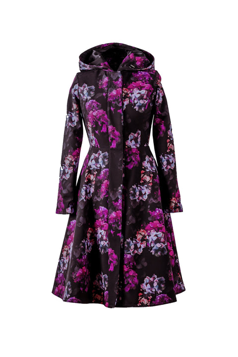 RainSisters | Fitted and Flared Coat with A-Line Skirt in Black and Purple 'Hortense'
