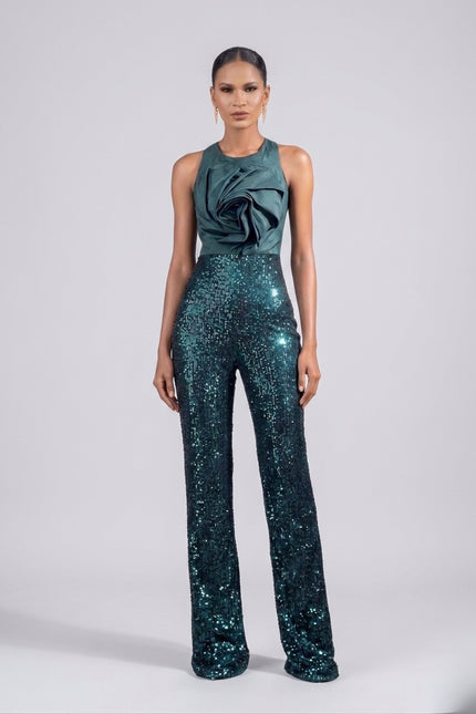 Anitabel | Eva Satin and Sequin Party Jumpsuit in Green