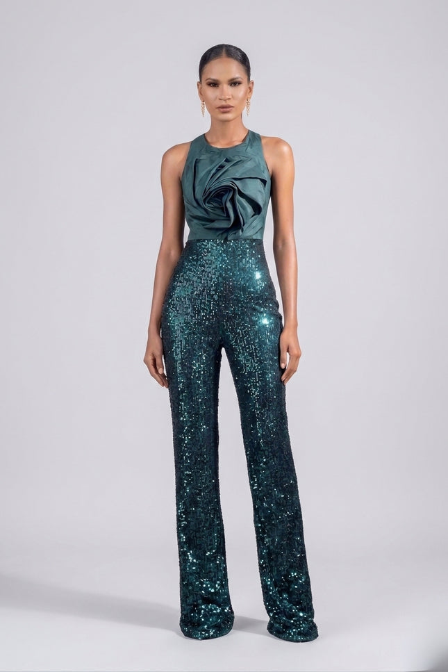 Anitabel | Eva Satin and Sequin Party Jumpsuit in Green