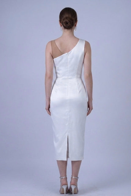 Anitabel | FABIENNE WHITE SLEEVELESS MIDI SATIN DRESS WITH PEPLUM DETAILS