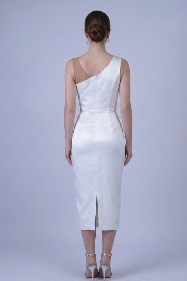 Anitabel | FABIENNE WHITE SLEEVELESS MIDI SATIN DRESS WITH PEPLUM DETAILS