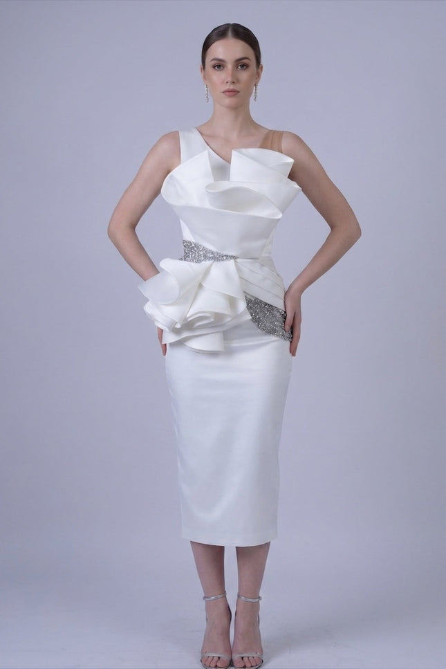 Anitabel | FABIENNE WHITE SLEEVELESS MIDI SATIN DRESS WITH PEPLUM DETAILS