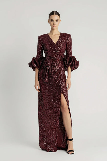 Anitabel | JASMINE RED SEQUIN WRAP DRESS WITH STATEMENT SLEEVES