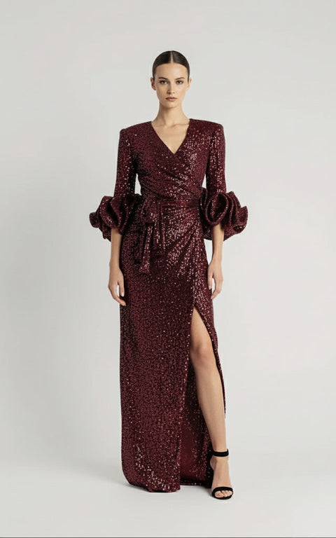Anitabel | LONG WINE RED SEQUIN WRAP DRESS WITH STATEMENT SLEEVES