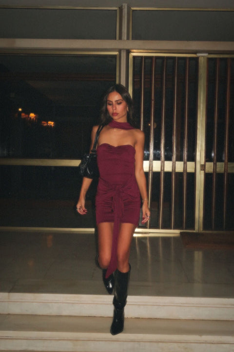 Say no more I Natty Burgundy Mini Draped Tie Dress