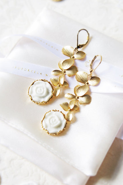 Poporcelain | Moonlight Rose and Triple Leaves Drop Earrings