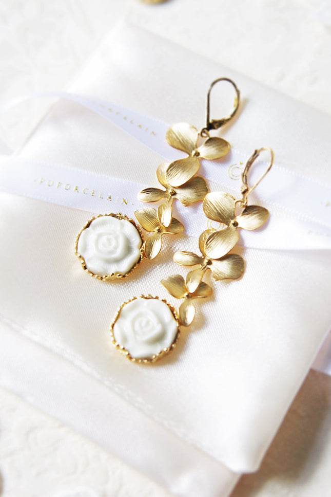 Poporcelain | Moonlight Rose and Triple Leaves Drop Earrings