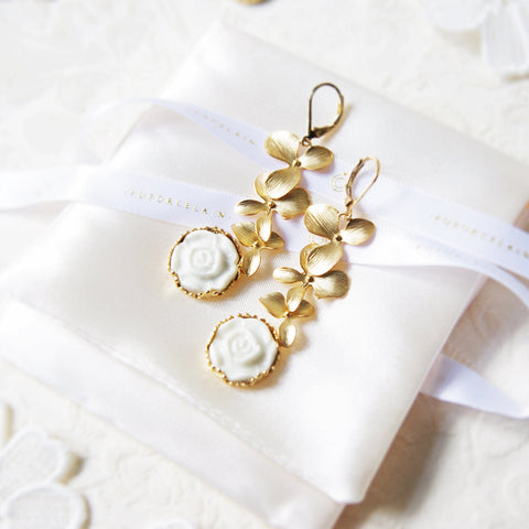 Poporcelain | Moonlight Rose and Triple Leaves Drop Earrings
