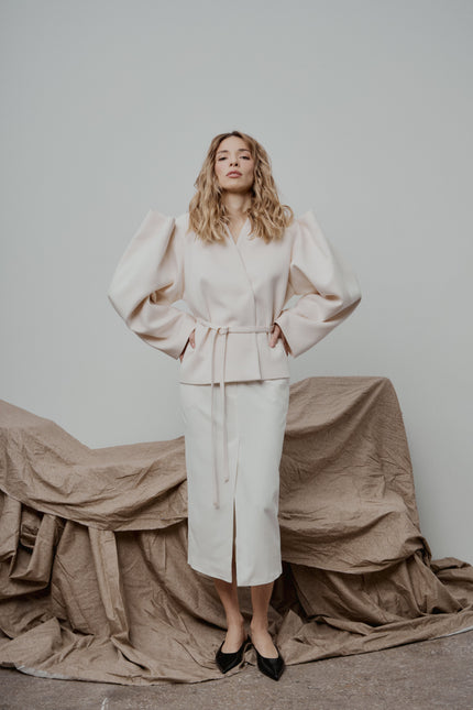 Selera | Ivory Tailored Wool Midi Skirt