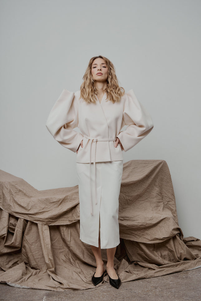 Selera | Ivory Tailored Wool Midi Skirt