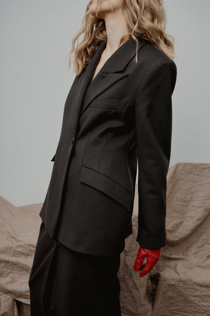 Black Tailored Blazer and Midi Skirt Suit