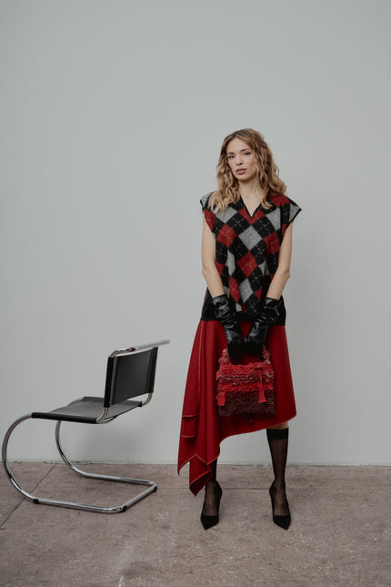 Wool Vest + Red Wool Asymmetrical Skirt