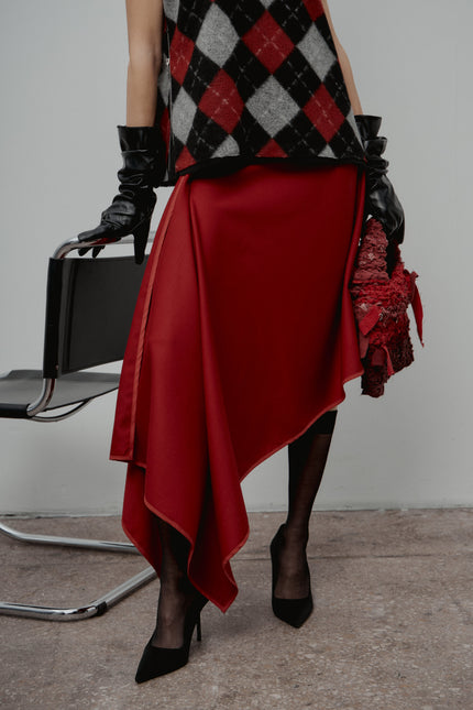 Wool Vest + Red Wool Asymmetrical Skirt