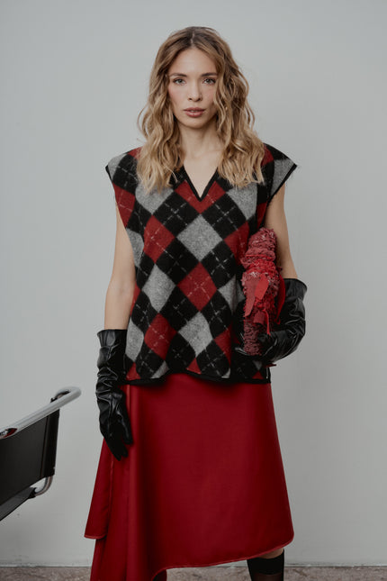 Wool Vest + Red Wool Asymmetrical Skirt