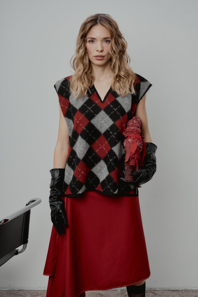 Selera | Wool Vest + Red Wool Asymmetrical Skirt