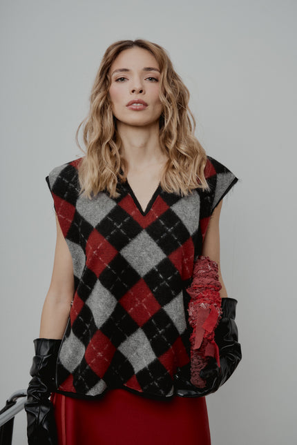 Wool Vest + Red Wool Asymmetrical Skirt