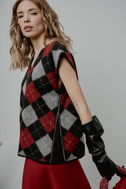 Wool Vest + Red Wool Asymmetrical Skirt